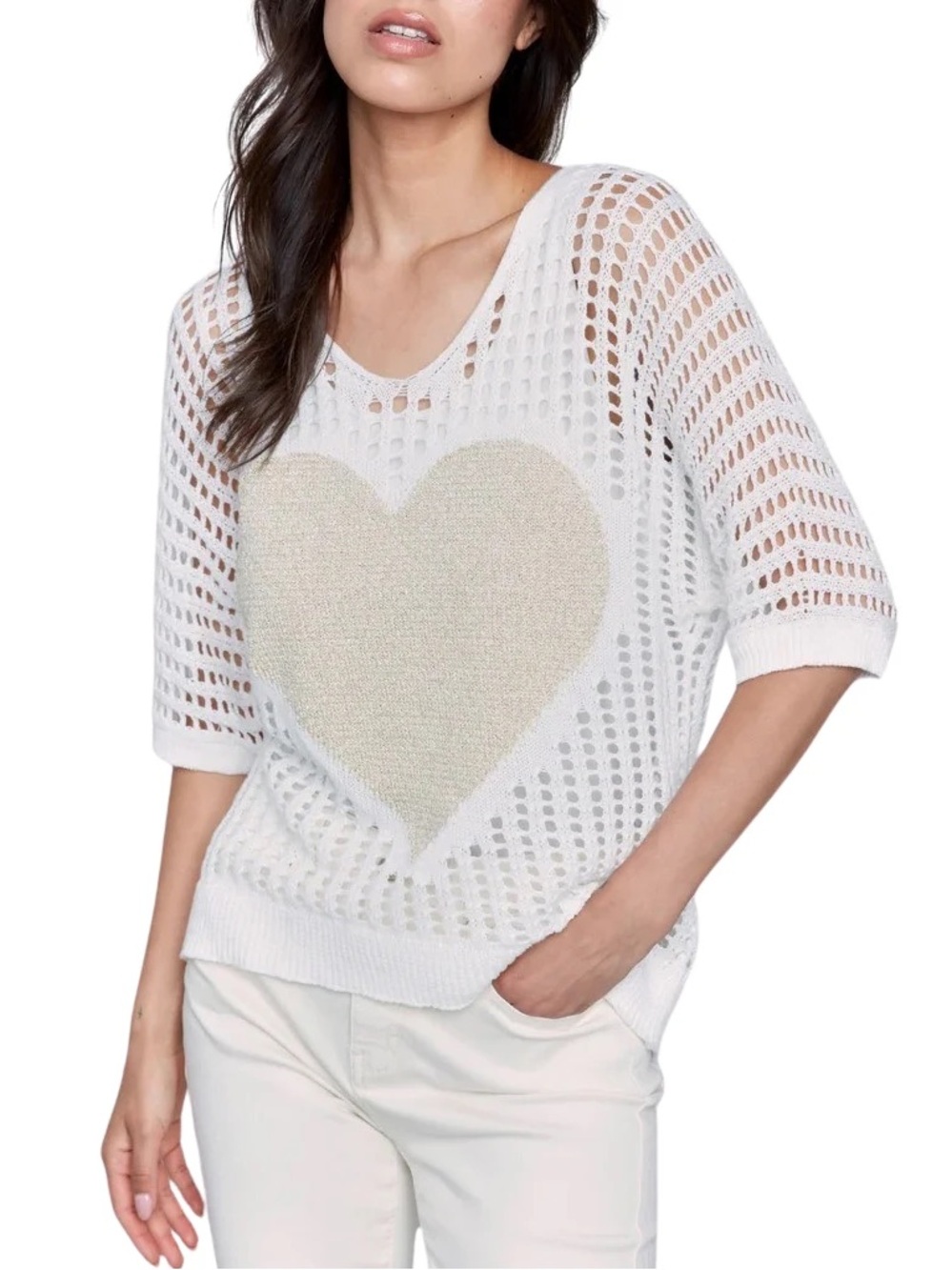 Charlie B White Open-Knit Heart Sweater - Lightweight Women’s Pullover